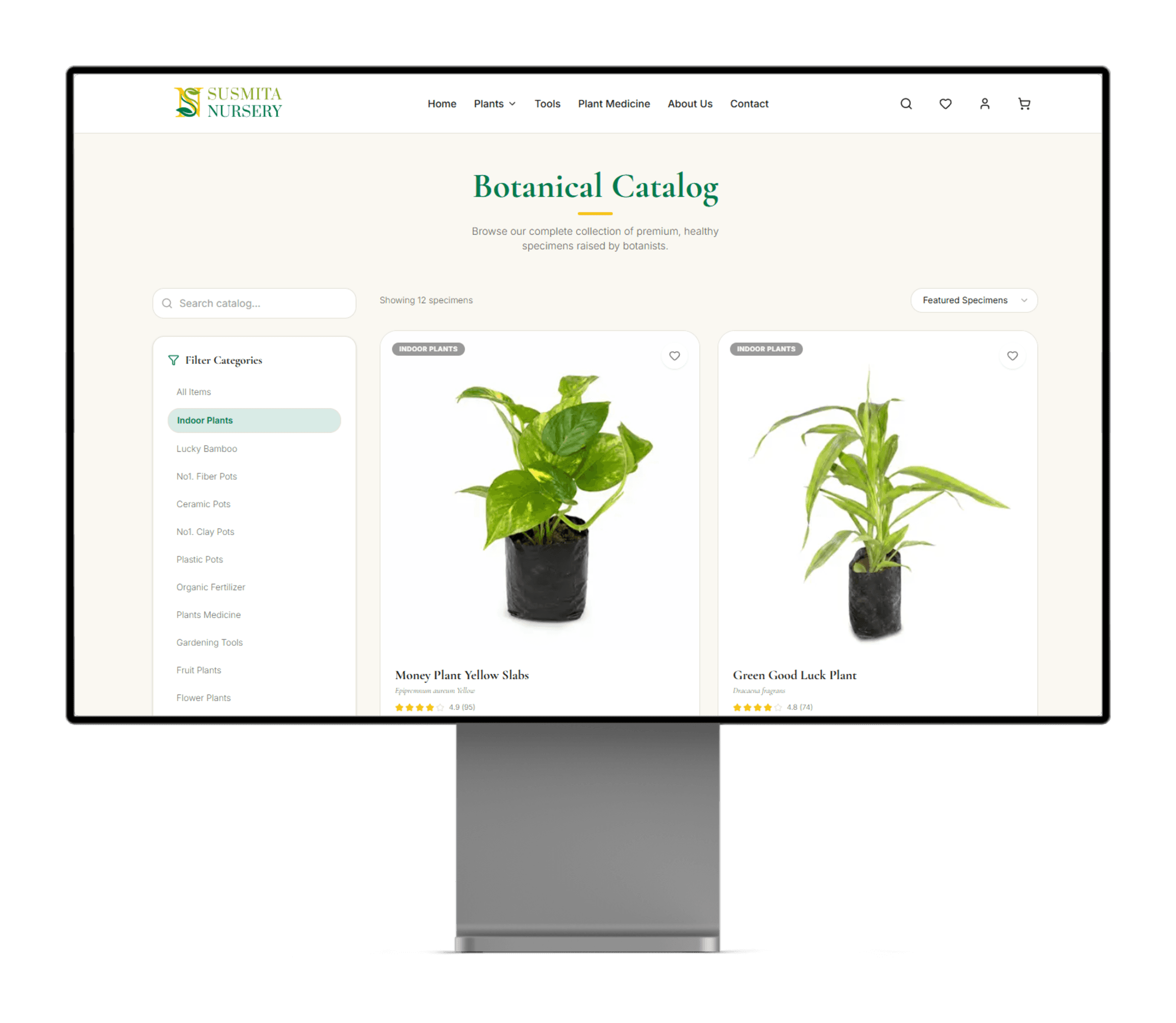 Comprehensive desktop product grid displaying full botanical categories, real-time stock availability badges, and instant filter controls.