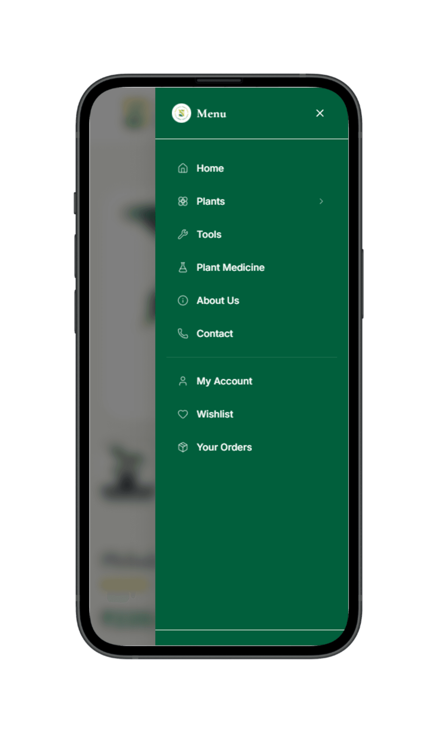 Frictionless mobile navigation sidebar drawer enabling instant category browsing, cart management, and care tips.