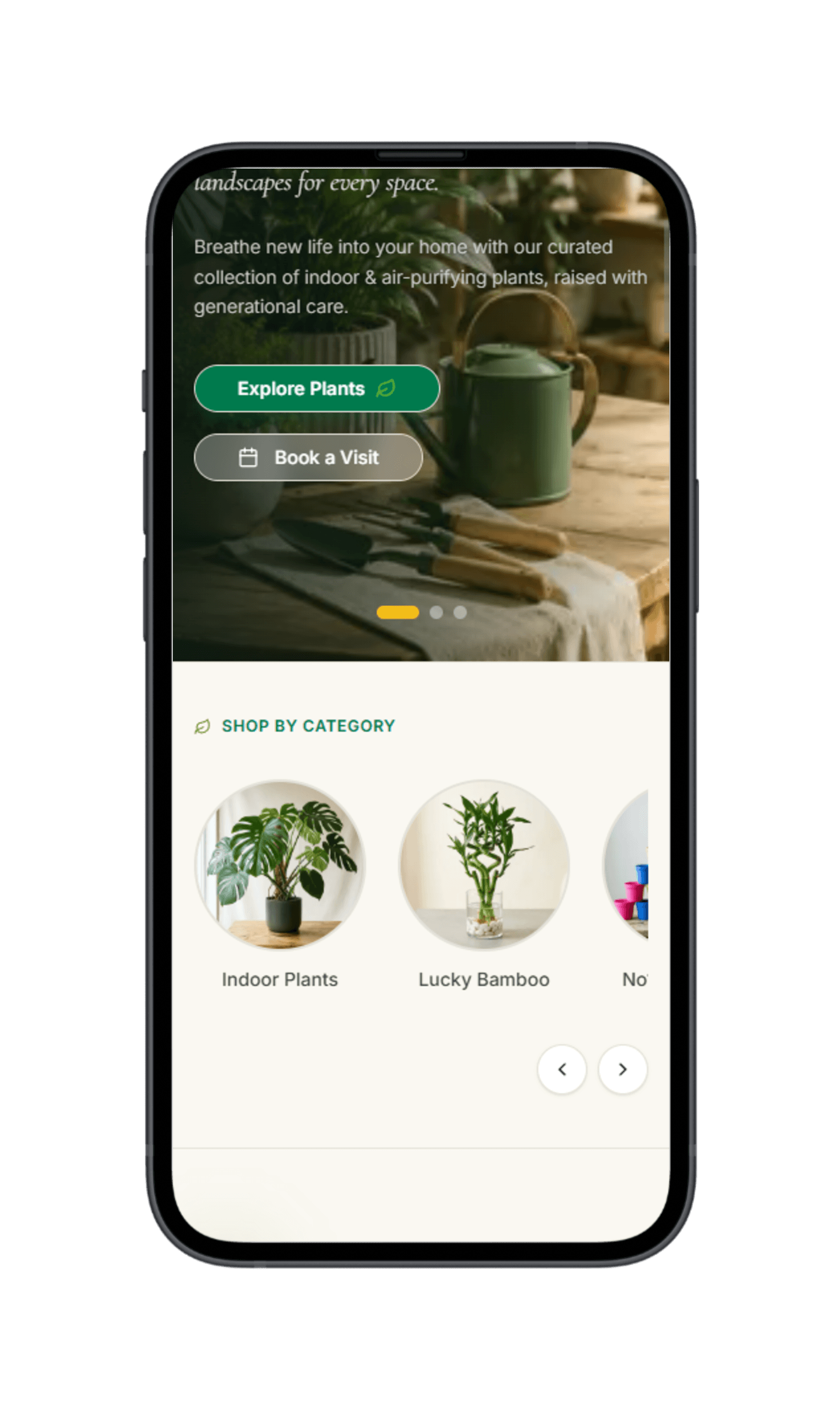 Mobile storefront hero display featuring seasonal botanical banners, plant category collections, and rapid search integration.