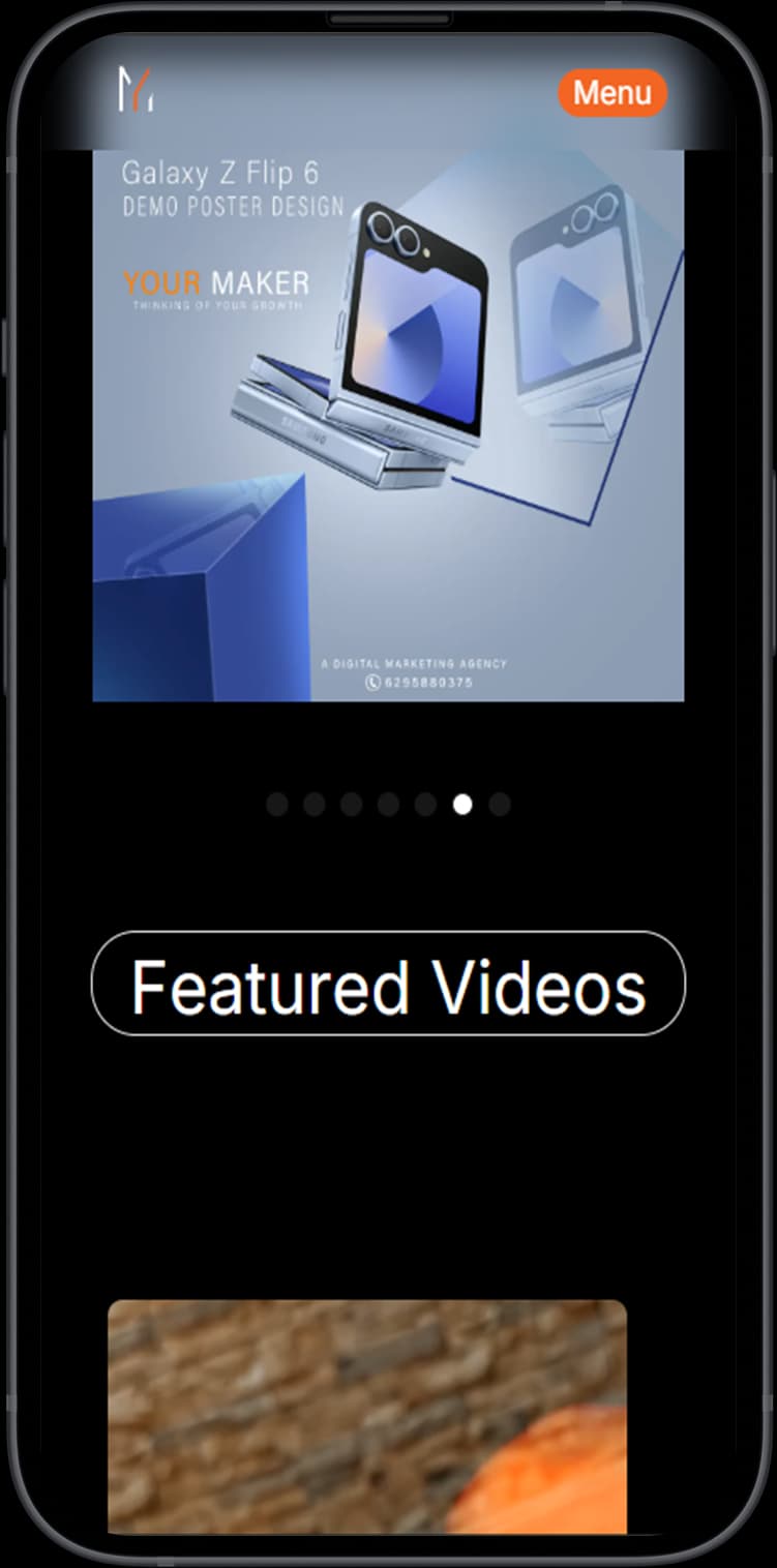 Mobile application storefront hero view with responsive touch navigation, instant service drawer triggers, and localized brand typography.
