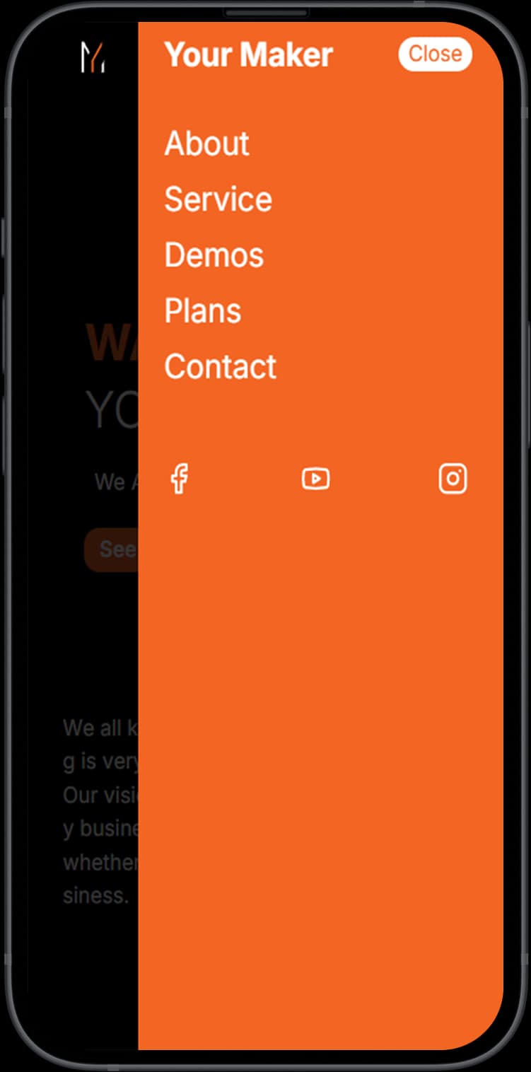 Full mobile service navigation drawer featuring direct agency contact channels, project links, and instant client inquiry submission flows.