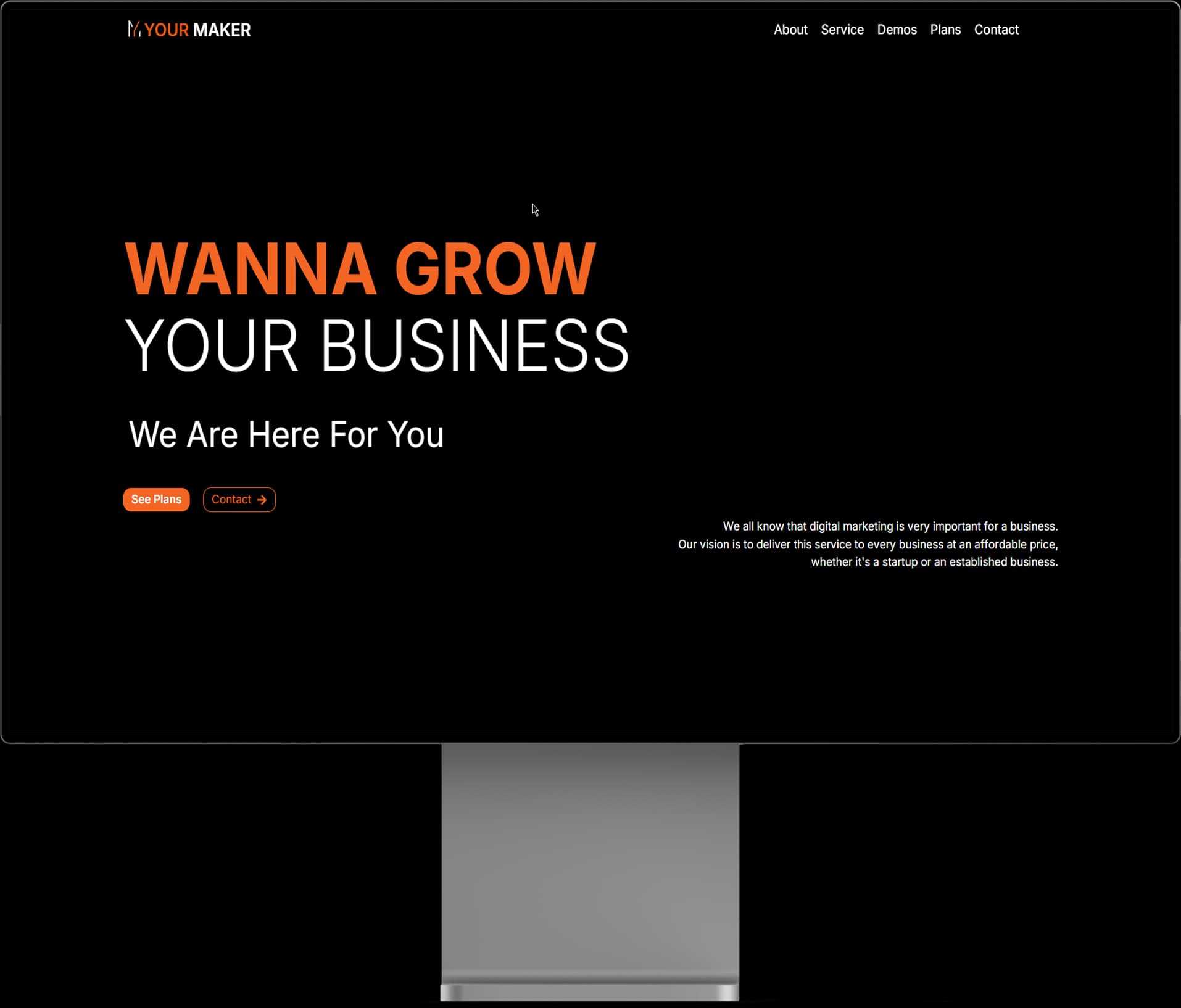 High-impact agency landing page featuring the hero statement 'WANNA GROW Your Business', dark-mode aesthetic, direct service call-to-actions, and mission breakdown designed for maximum client acquisition.