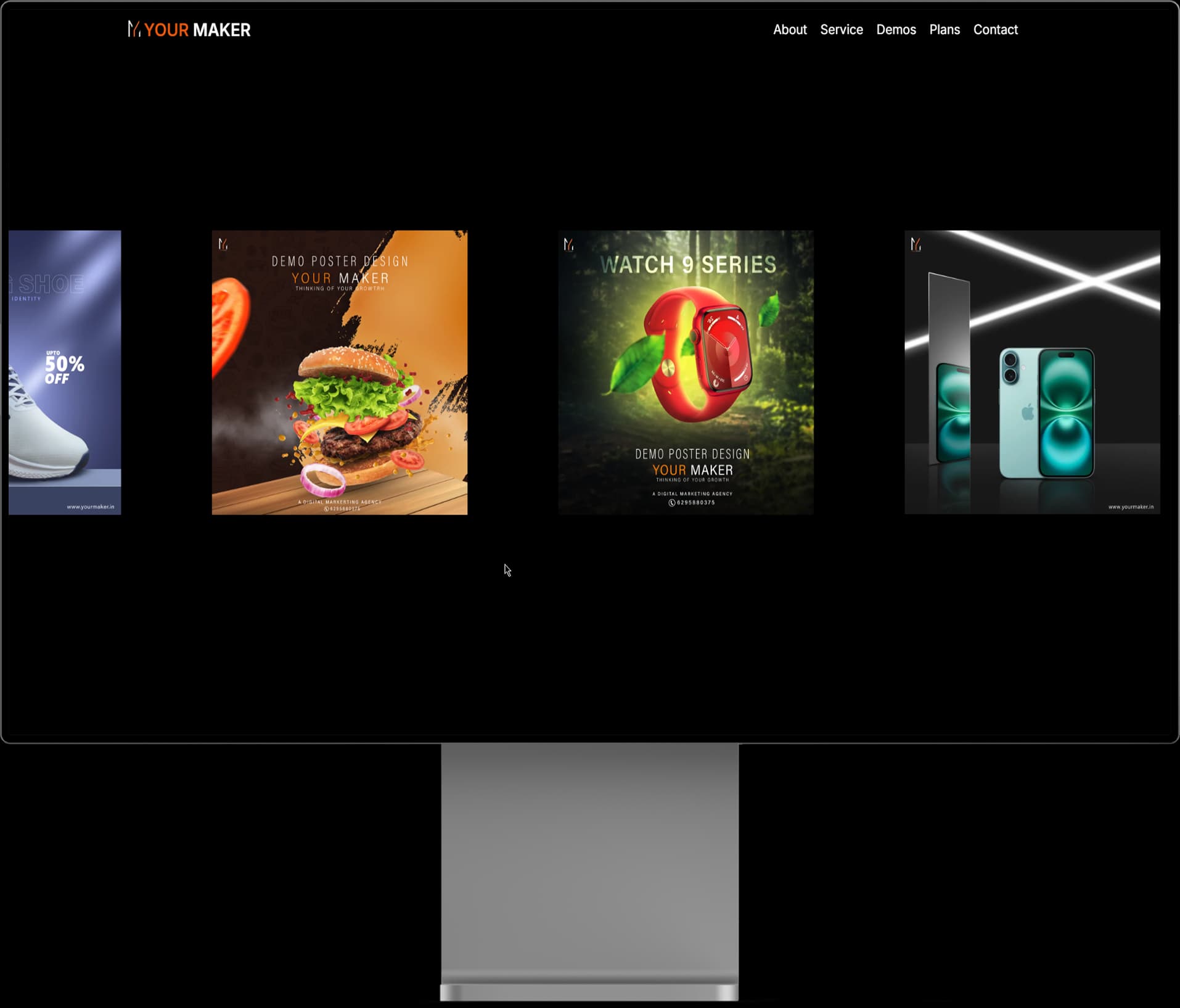 Curated media showcase gallery featuring YourMaker's commercial creative portfolio, including high-end 3D product renders, food branding post designs, and mobile app launch graphics.