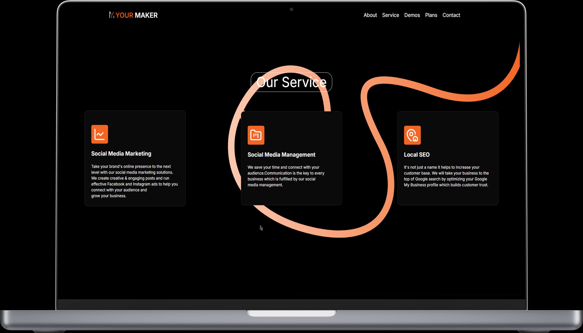Bespoke agency services showcase featuring interactive dark-mode cards for Social Media Marketing & Paid Ads, Social Media Management, and Local Google Profile SEO optimization.