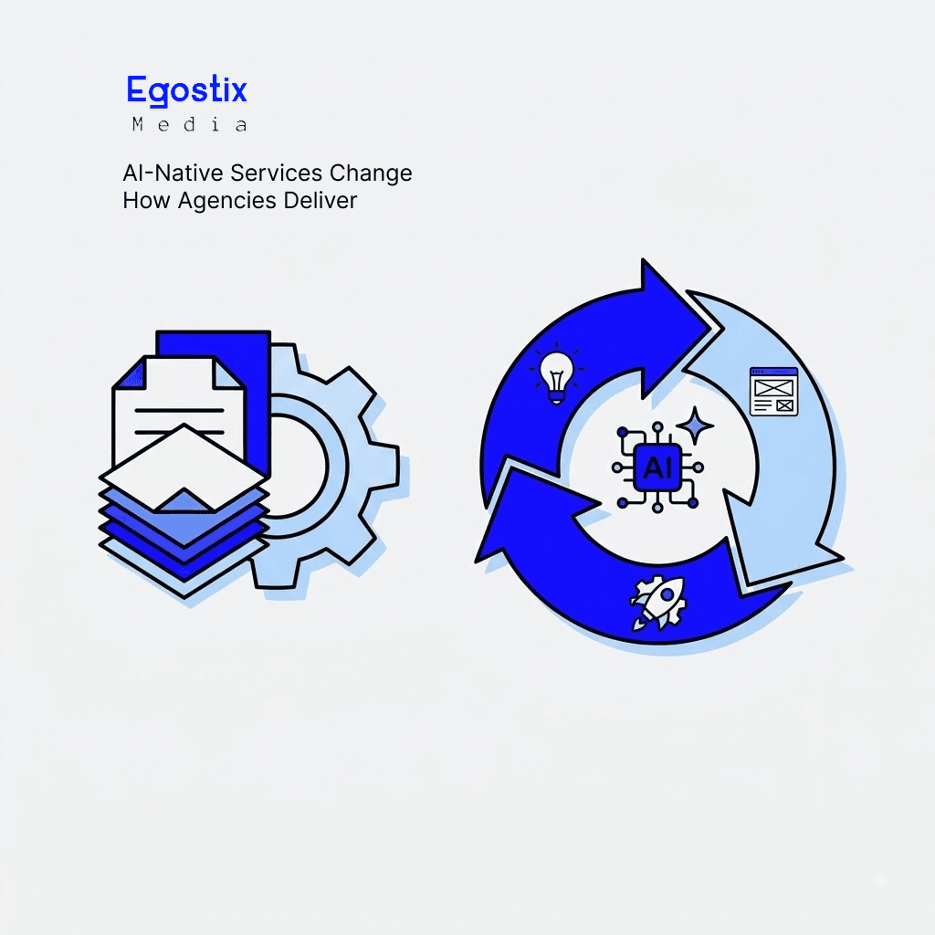 Egostix Media identity mark used as a cover for AI-native service delivery writing